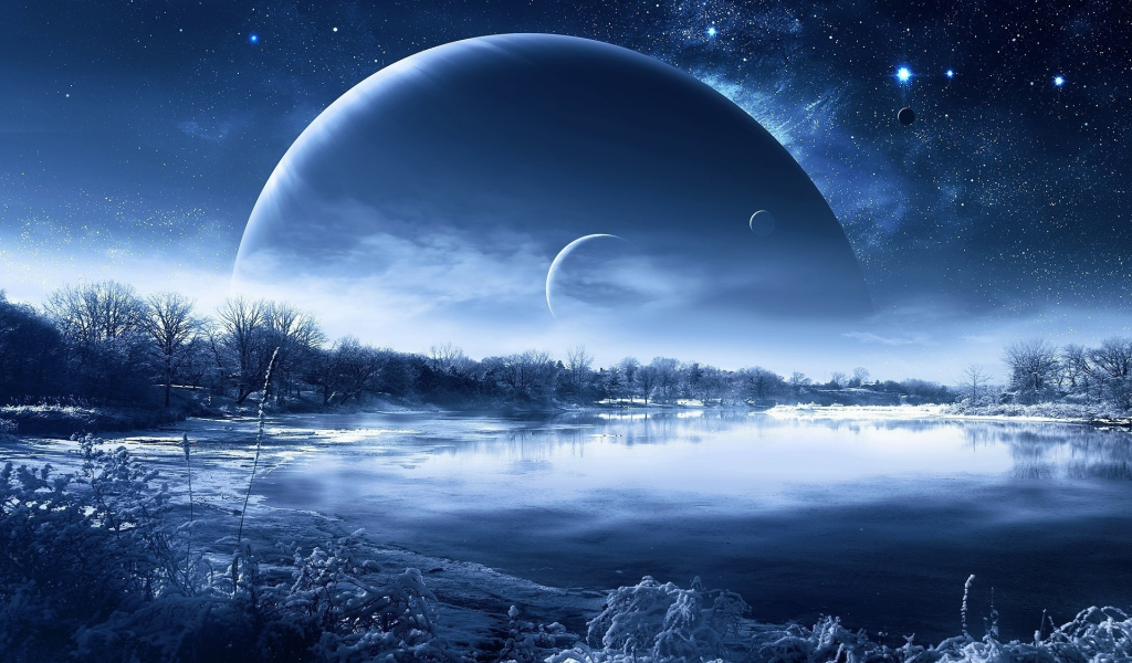 planet, night, morning, nice, fantastic, landscape, lakes, reflection, winter, sky, moon, stars, up, wide