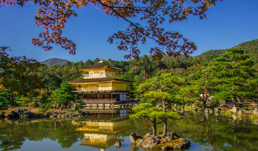 кинкакудзи, золотой павильон, киото, япония, храм, сад, озеро, горы, лес, деревья, небо, природа, пейзаж