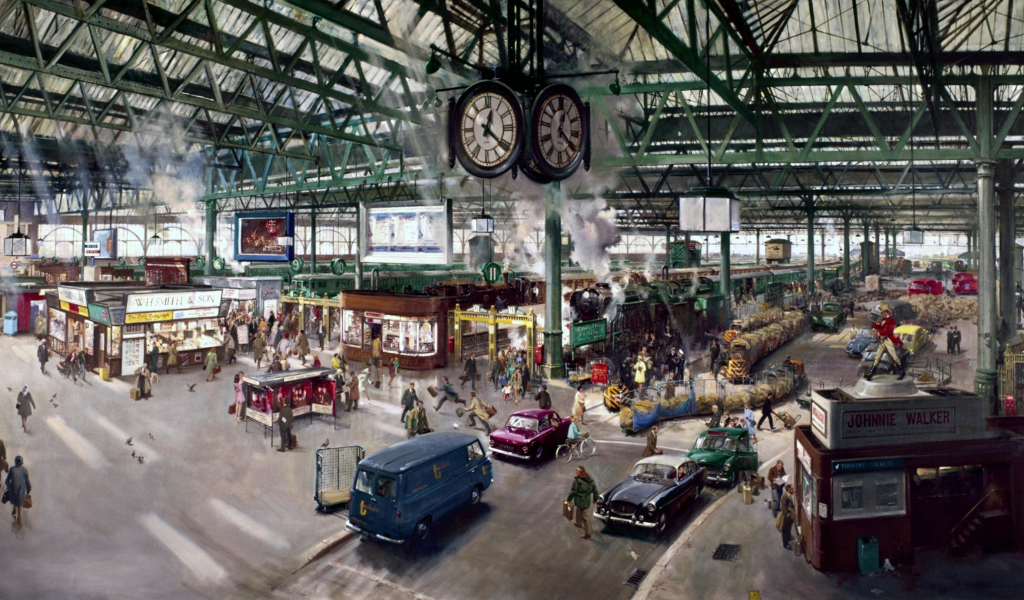 вокзал, поезда, дым, люди, часы, город, ондон, картина, теренс кунео, terence cuneo, станция ватерлоо, 1967