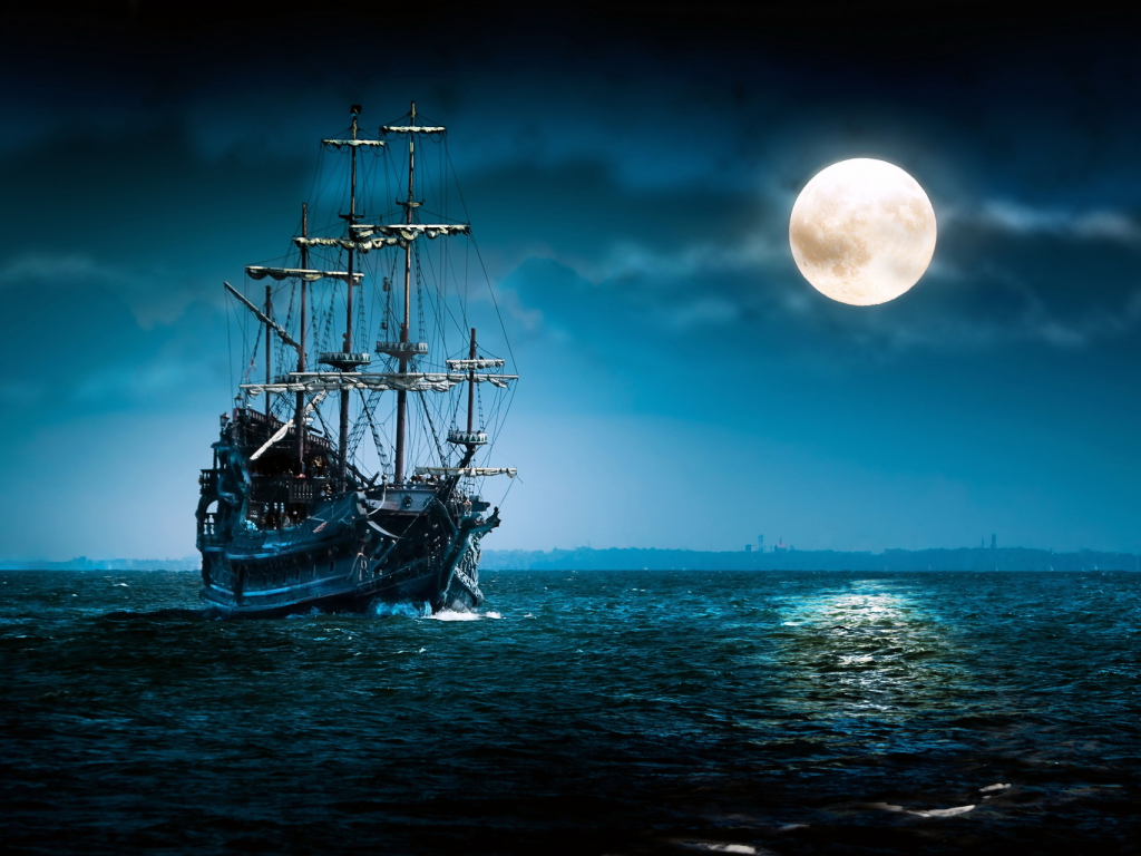 море, ночь, луна, полнолуние, облака, корабль, парусник, плавание