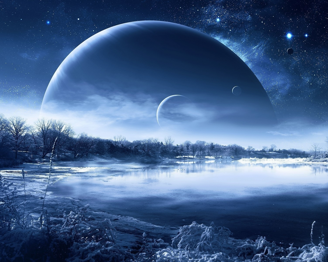 planet, night, morning, nice, fantastic, landscape, lakes, reflection, winter, sky, moon, stars, up, wide