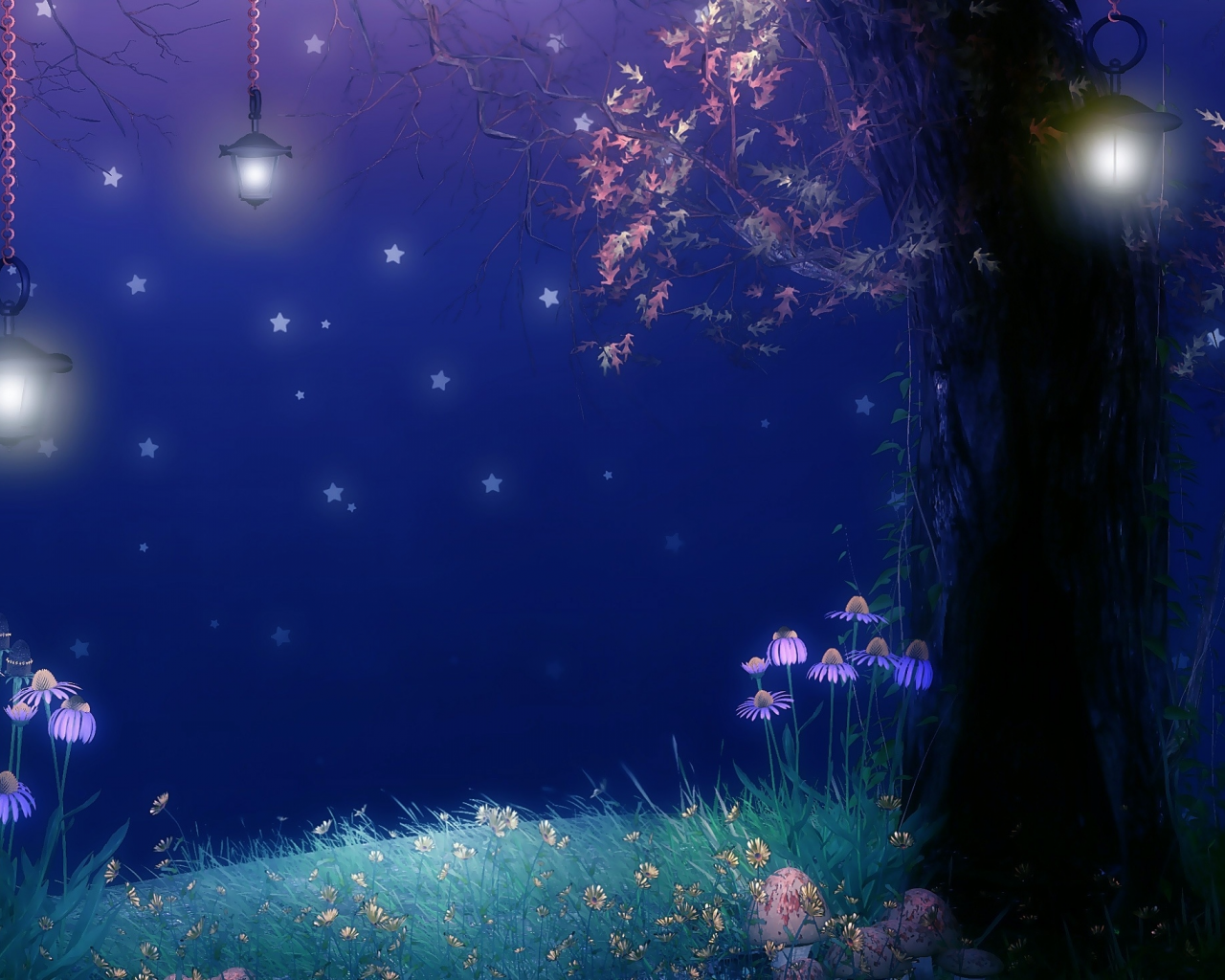 дерево, фонари, листва, цветы, звёзды, грибы, ночь