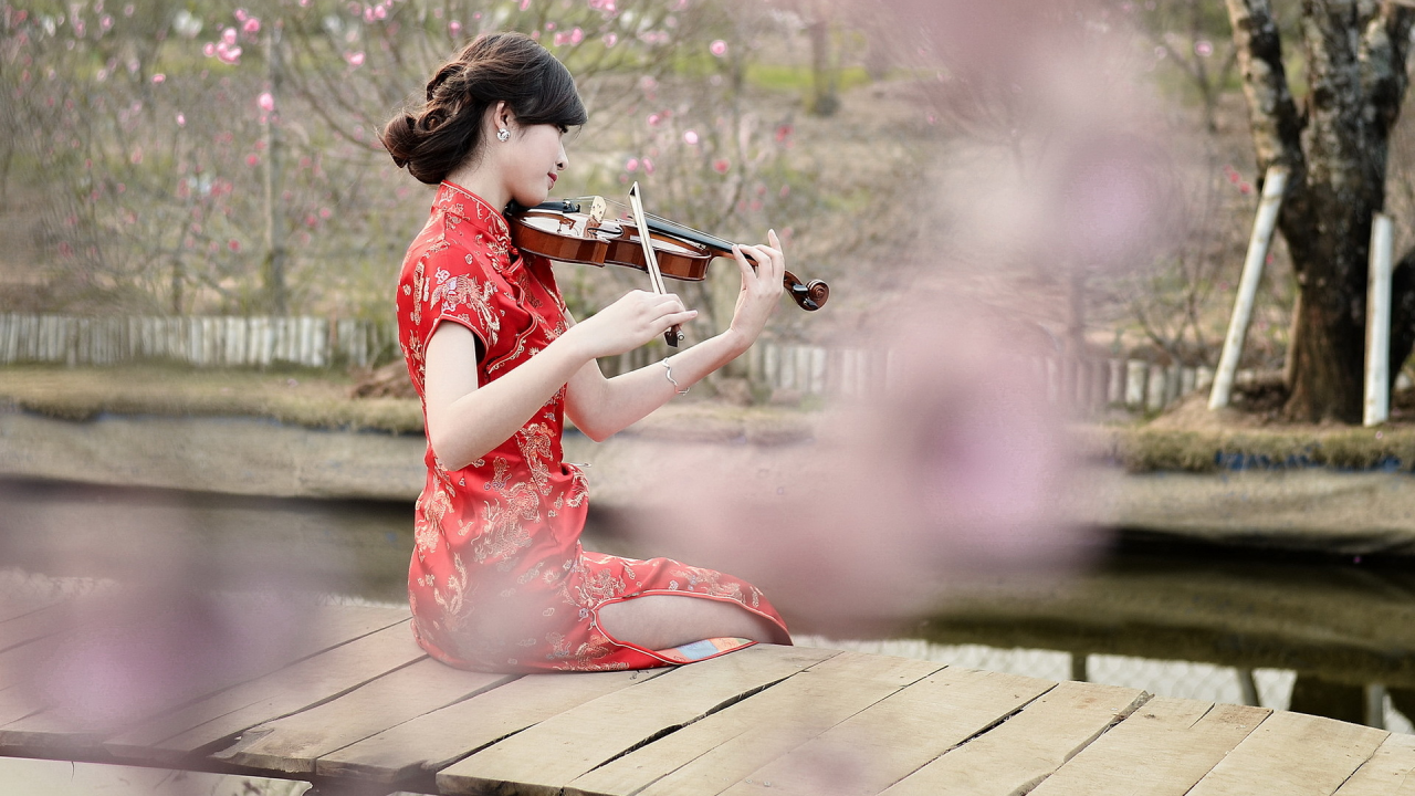 азиатка, девушка, скрипка