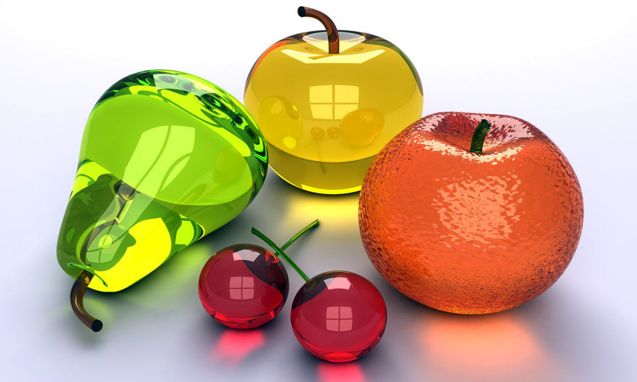 груша, яблоко, апельсин, вишни, прозрачность, блеск, стекло
