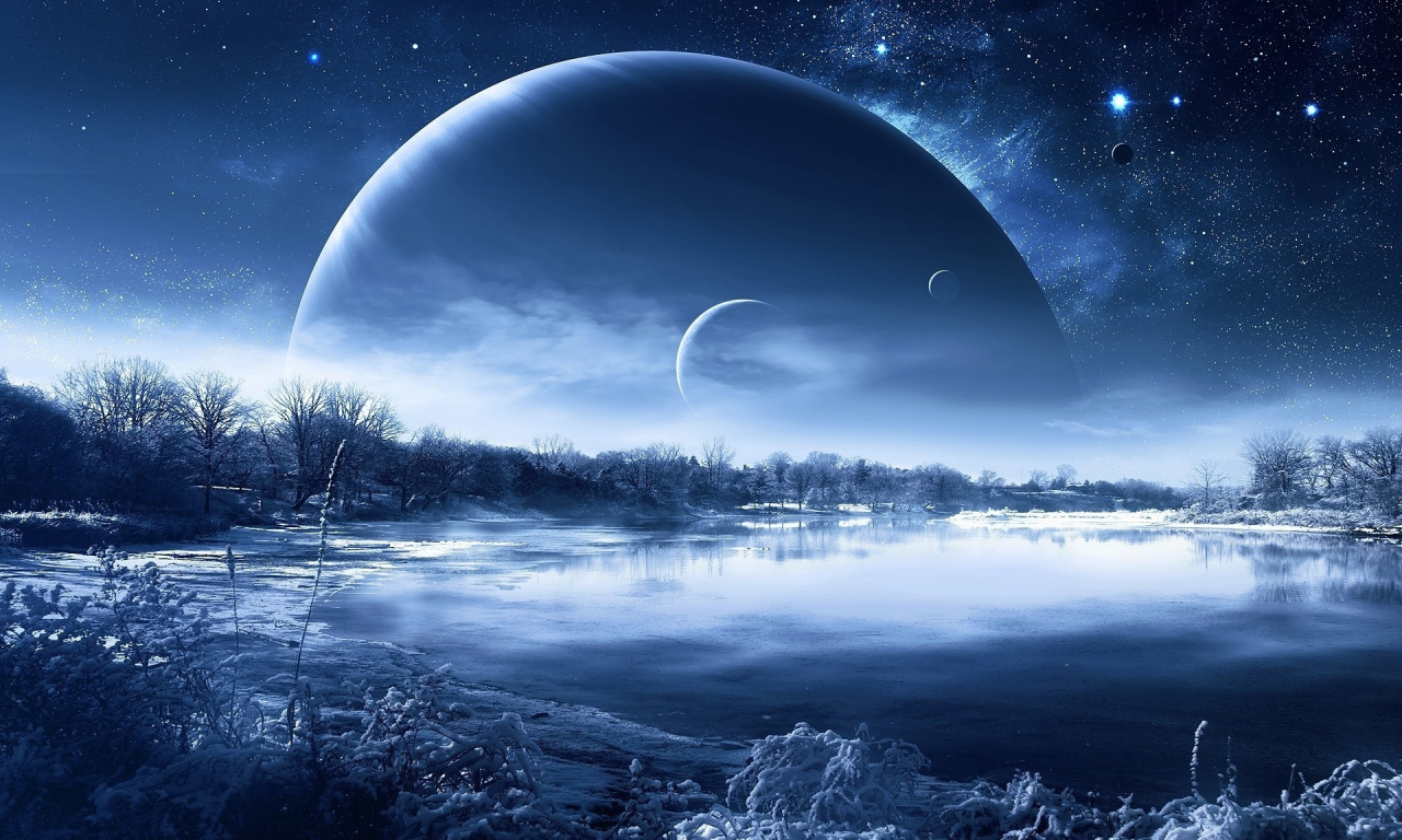 planet, night, morning, nice, fantastic, landscape, lakes, reflection, winter, sky, moon, stars, up, wide