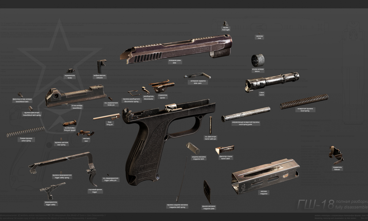 пистолет, гш18, разборка, gsh18, full, disassembly, weapon, fast, gun, pistols, weapons, chrom, dark, black, sun, wide, russia, abiator