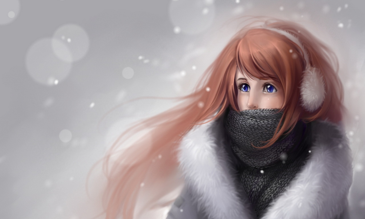 снег, рисунок, anna linberger, шарф, зима, девушка, кукла