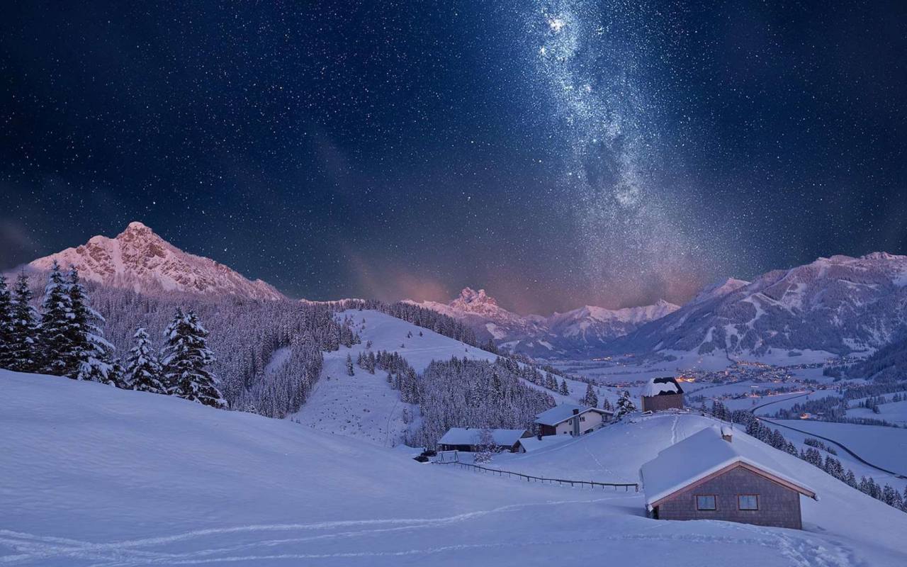 австрия, горы, небо, звезды, дома, снег, зима, дома