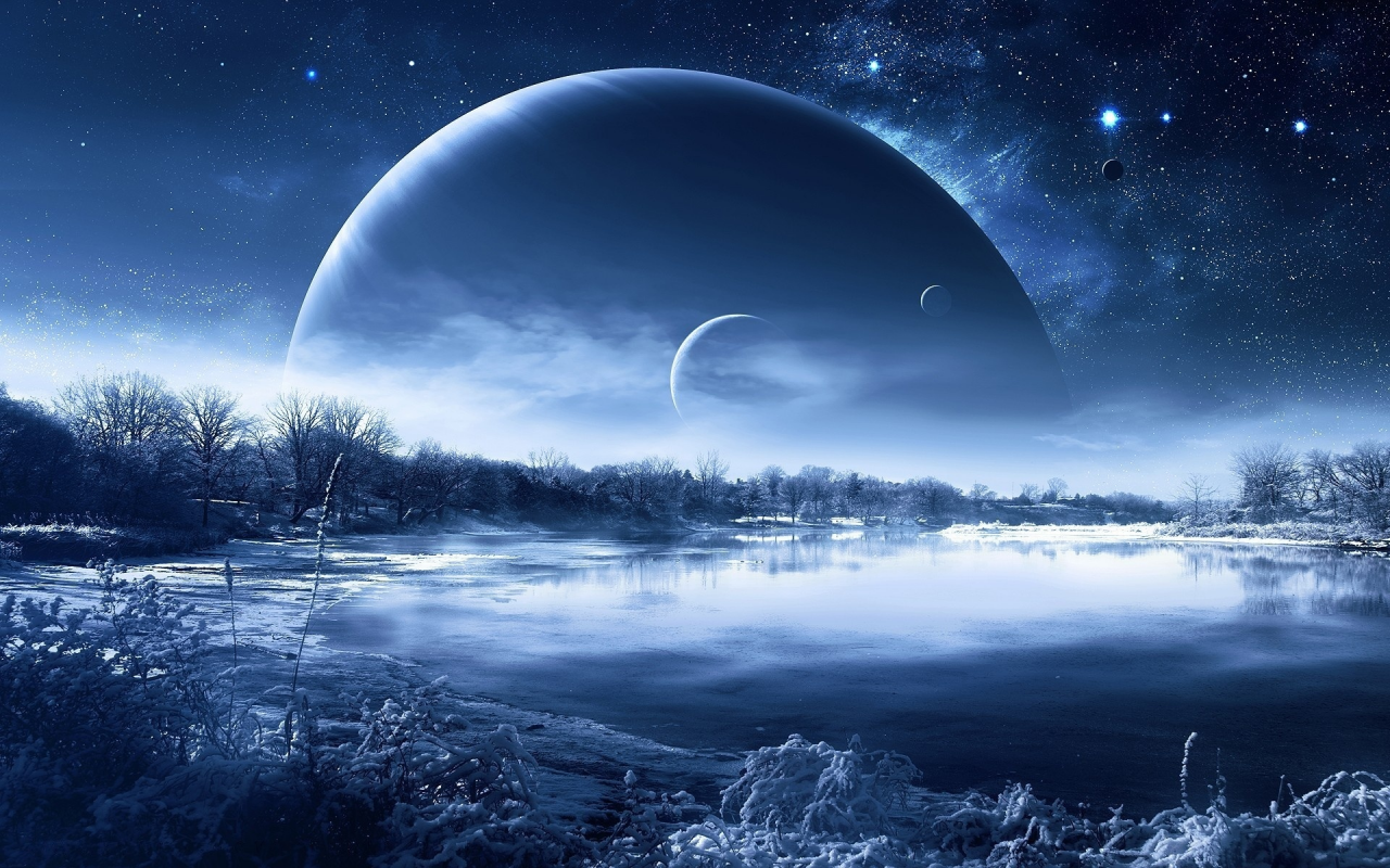 planet, night, morning, nice, fantastic, landscape, lakes, reflection, winter, sky, moon, stars, up, wide