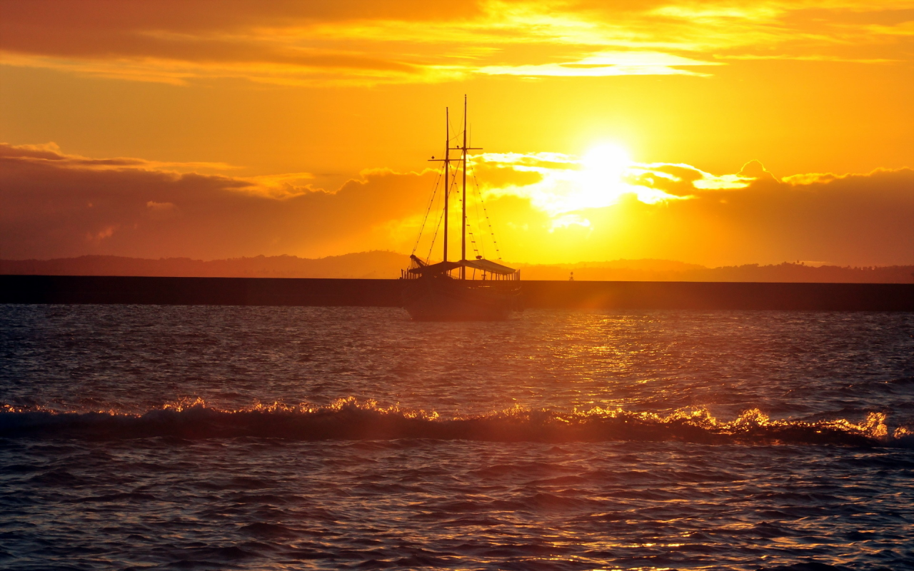 пейзаж, корабль, море, закат