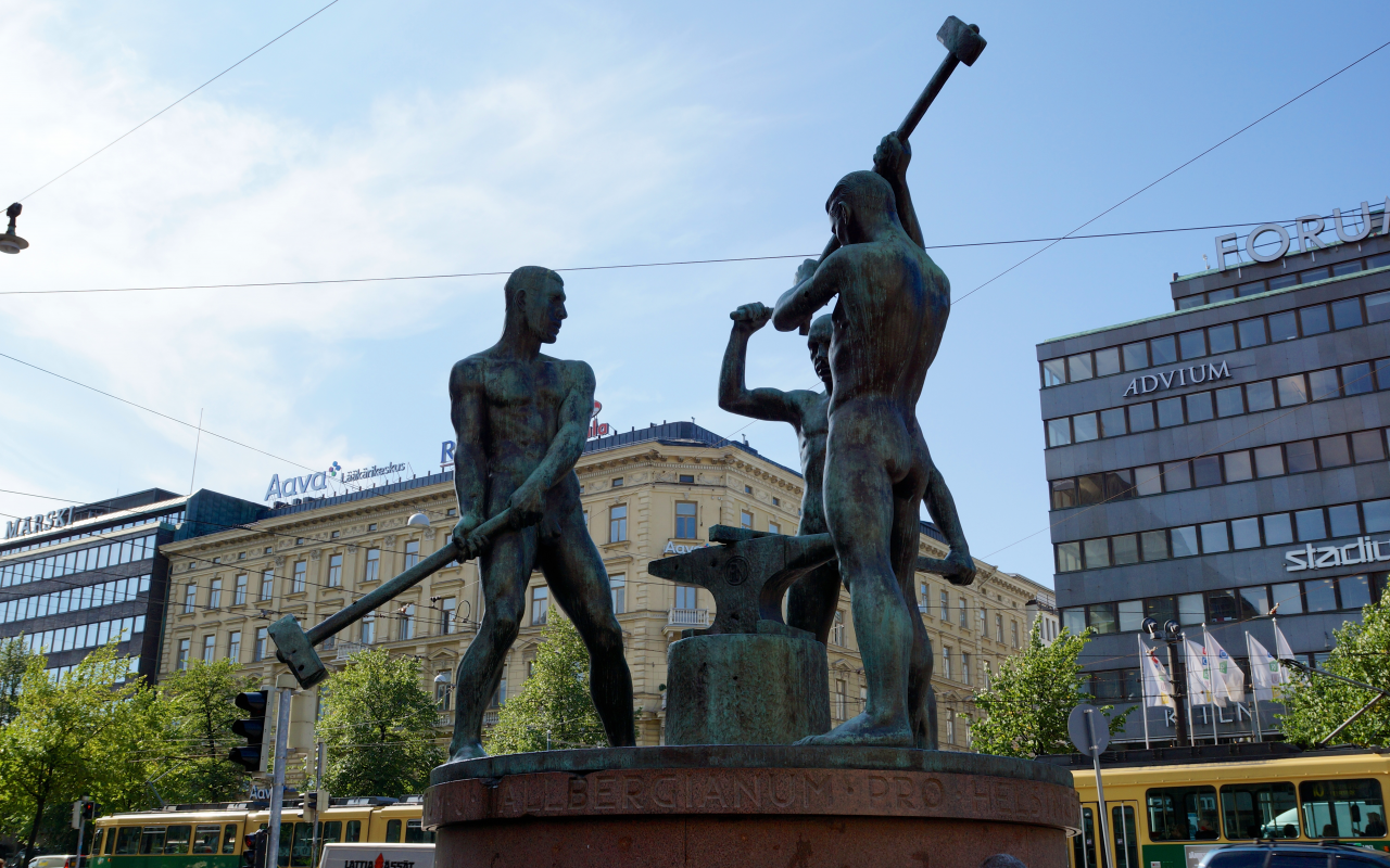 скульптура, статуя, кузнецы, молот, наковальня, город, хельсинки, финляндия