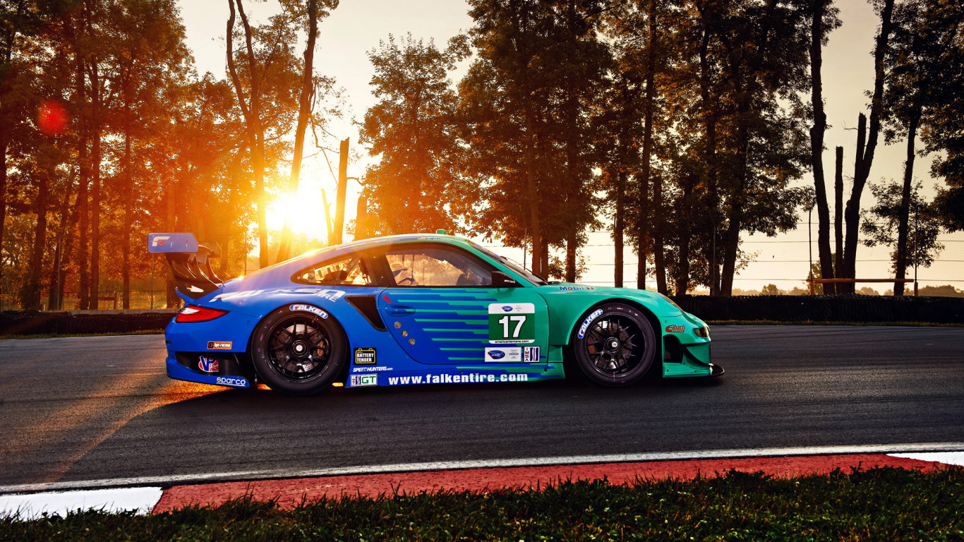 team, trees, sun, porsche, competition, sportcar, gt3, rsr, track, spoiler, widebody, falken, 911