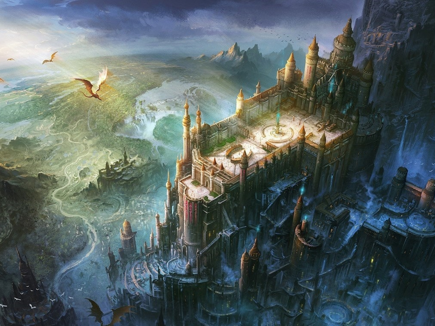 дракон, замок, крепость, рисунок, солнце