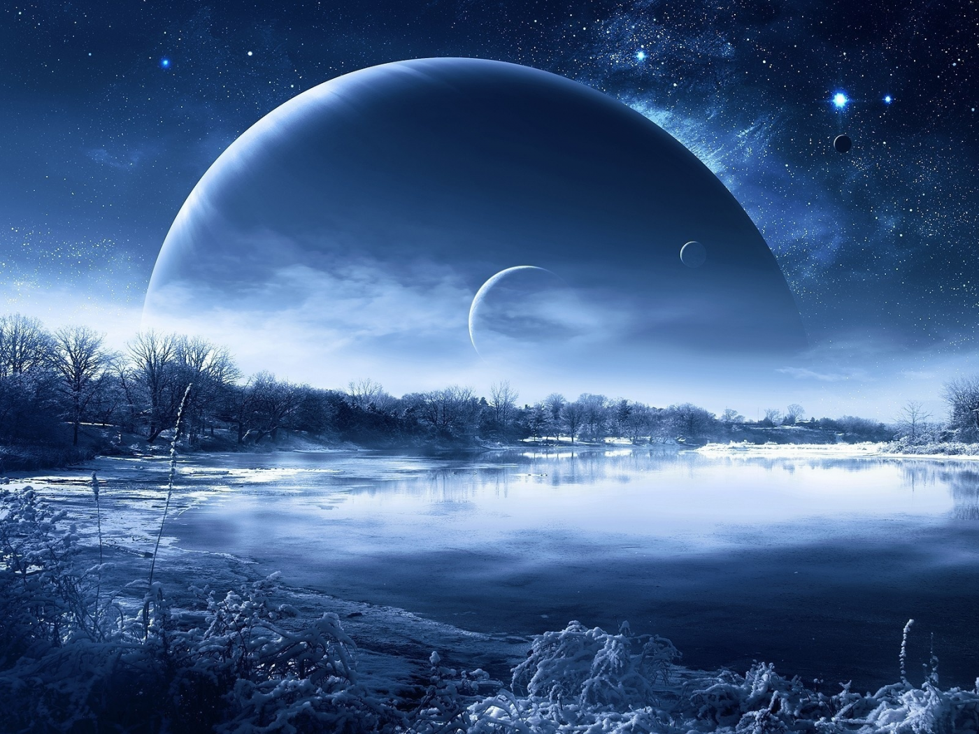 planet, night, morning, nice, fantastic, landscape, lakes, reflection, winter, sky, moon, stars, up, wide