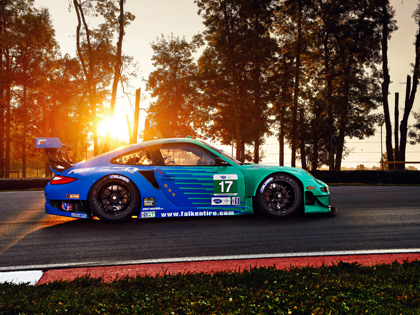 team, trees, sun, porsche, competition, sportcar, gt3, rsr, track, spoiler, widebody, falken, 911