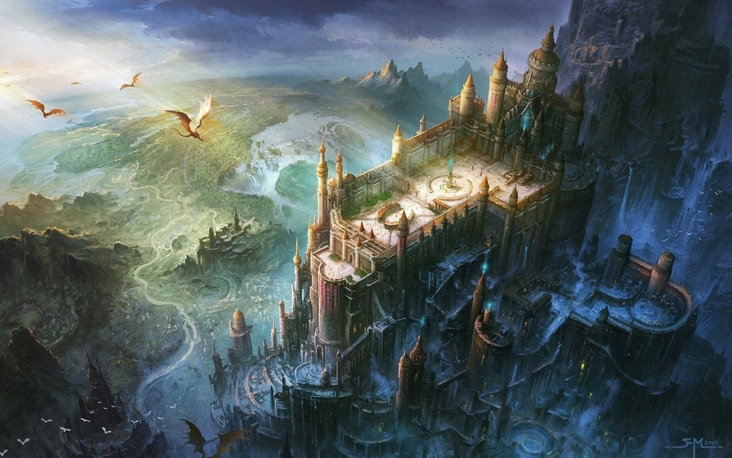 дракон, замок, крепость, рисунок, солнце