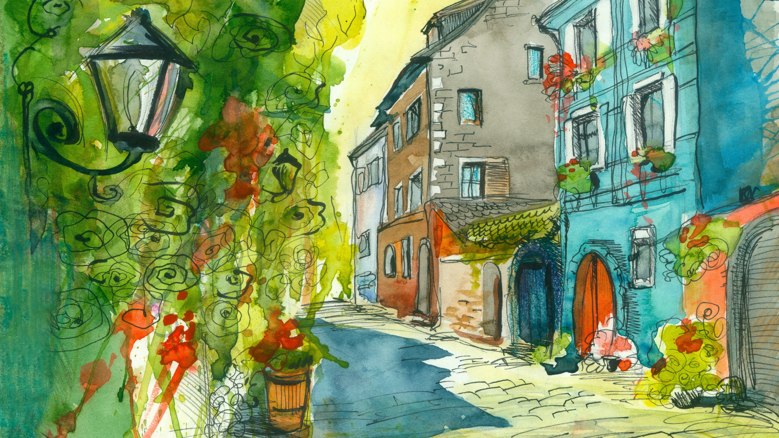 акварельный рисунок, улица, дома, фонарь, цветы