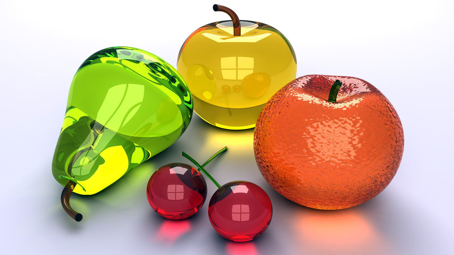 груша, яблоко, апельсин, вишни, прозрачность, блеск, стекло