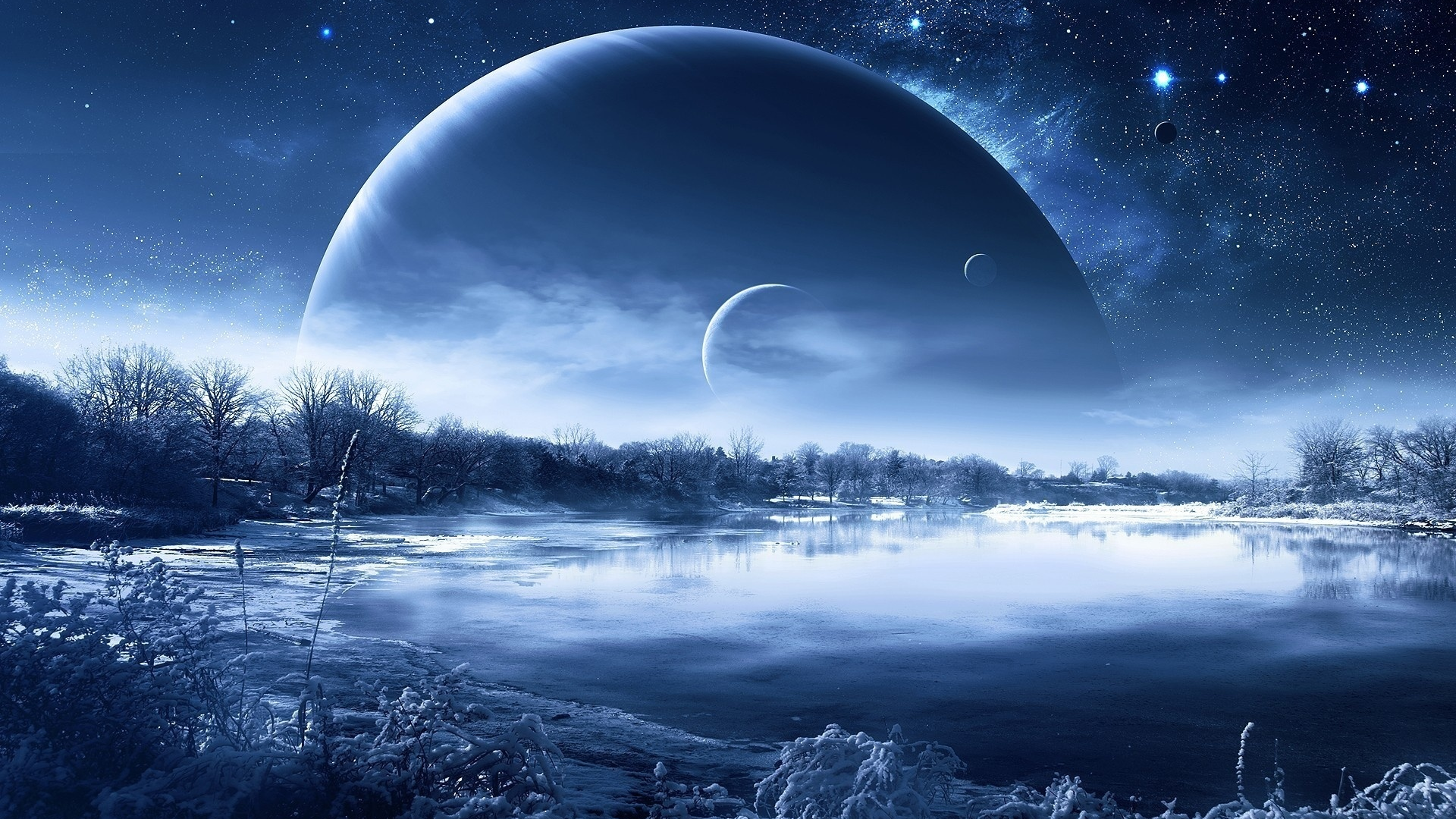 planet, night, morning, nice, fantastic, landscape, lakes, reflection, winter, sky, moon, stars, up, wide