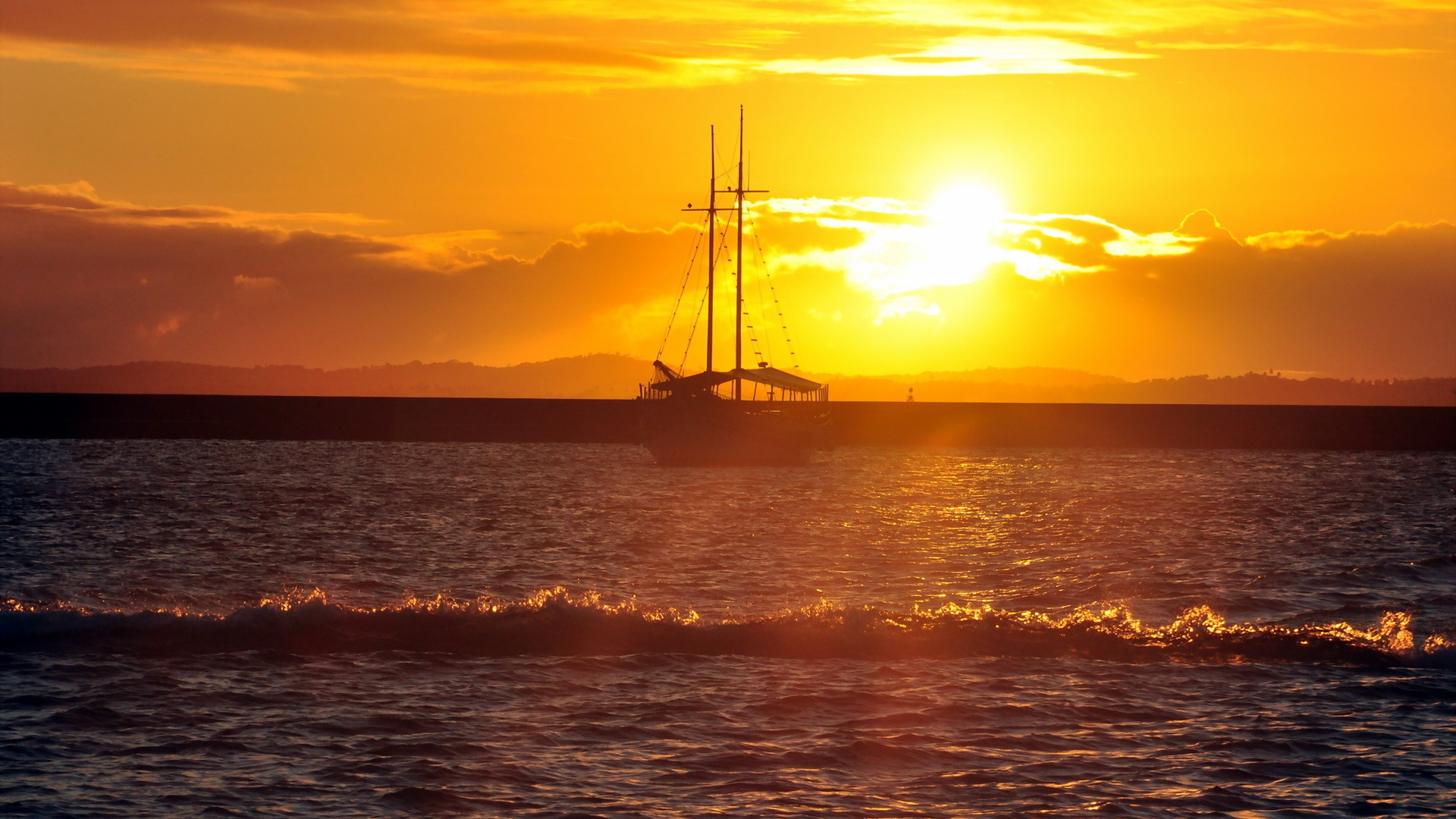 пейзаж, корабль, море, закат