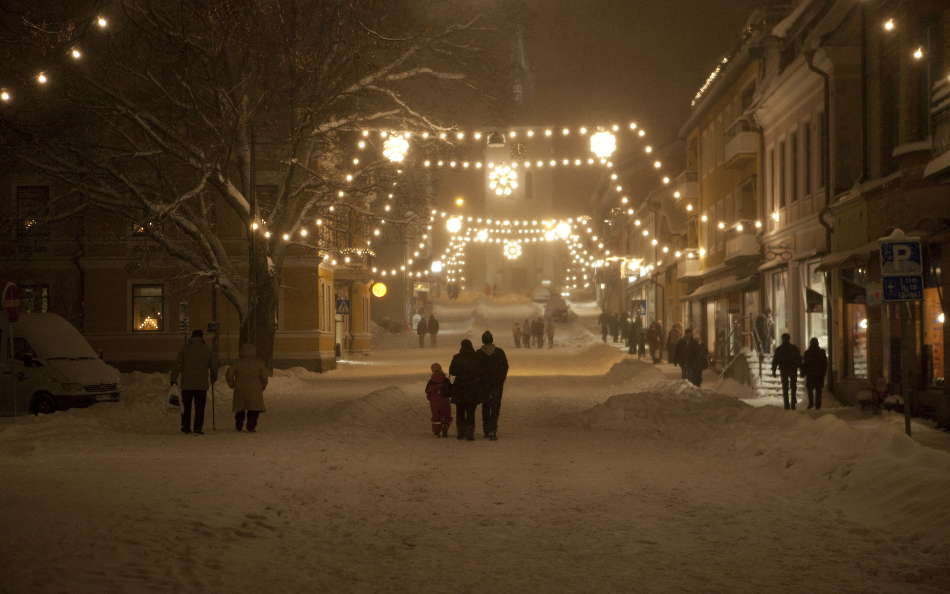 ночь, улица, новый год, зима, гирлянды, рождество, снег