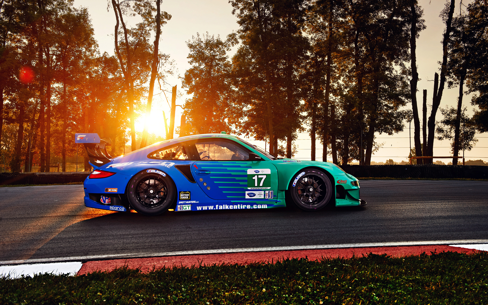 team, trees, sun, porsche, competition, sportcar, gt3, rsr, track, spoiler, widebody, falken, 911