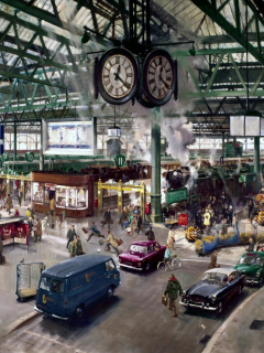 вокзал, поезда, дым, люди, часы, город, ондон, картина, теренс кунео, terence cuneo, станция ватерлоо, 1967