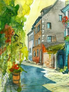 акварельный рисунок, улица, дома, фонарь, цветы