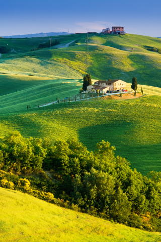 tuscany , landscape, summer, sunlight , italy , sky, trees, house, green field, nature, countryside