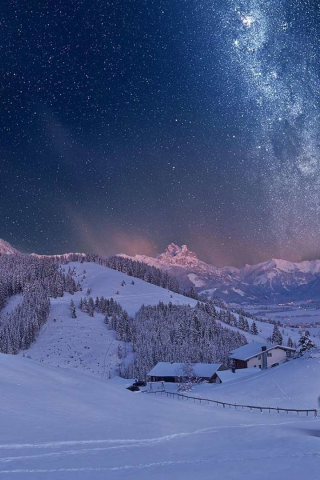 австрия, горы, небо, звезды, дома, снег, зима, дома