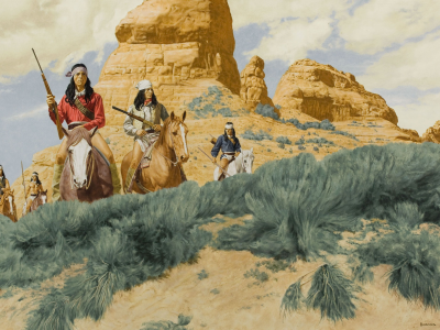 рисунок, индейцы, ружья, кони, всадники
