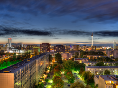 берлин, германия, город, панорама, ночь, дома, здания, телебашня, дорога, огни