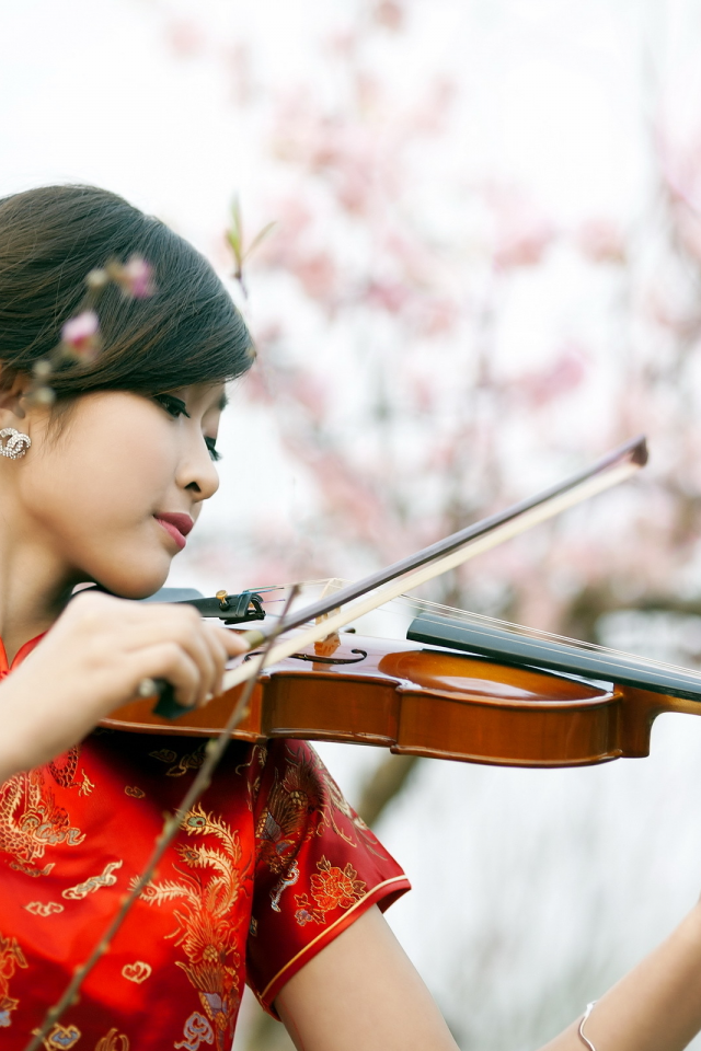 скрипка, азиатка, музыка, девушка