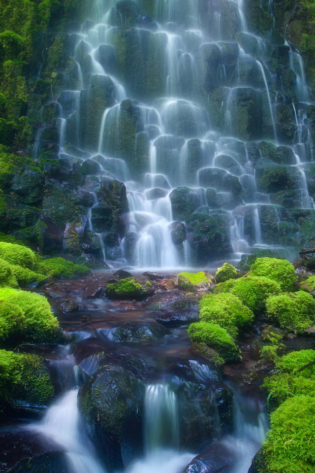 waterfall, gesser, water, nice, wood, водопад, meadow, day, sun, wide
