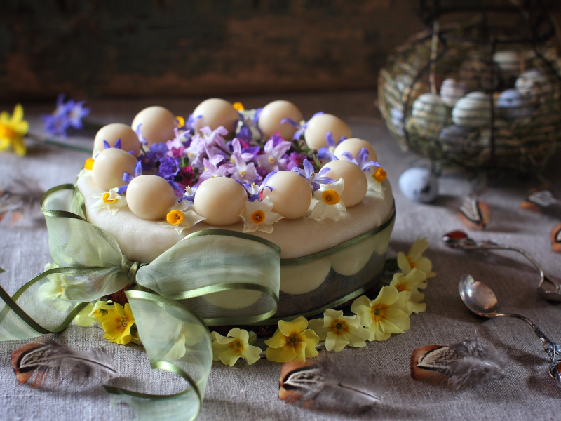 торт, цветы, примула, весна, бант, перья, ложка, яйца