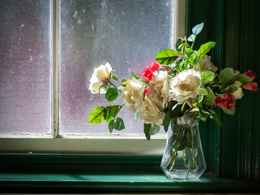 букет, розы, ваза, окно