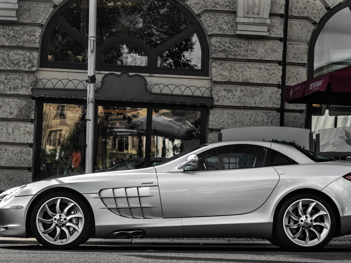 mclaren, mercedes, street, slr, silver, макларен, building, слр, мерседес