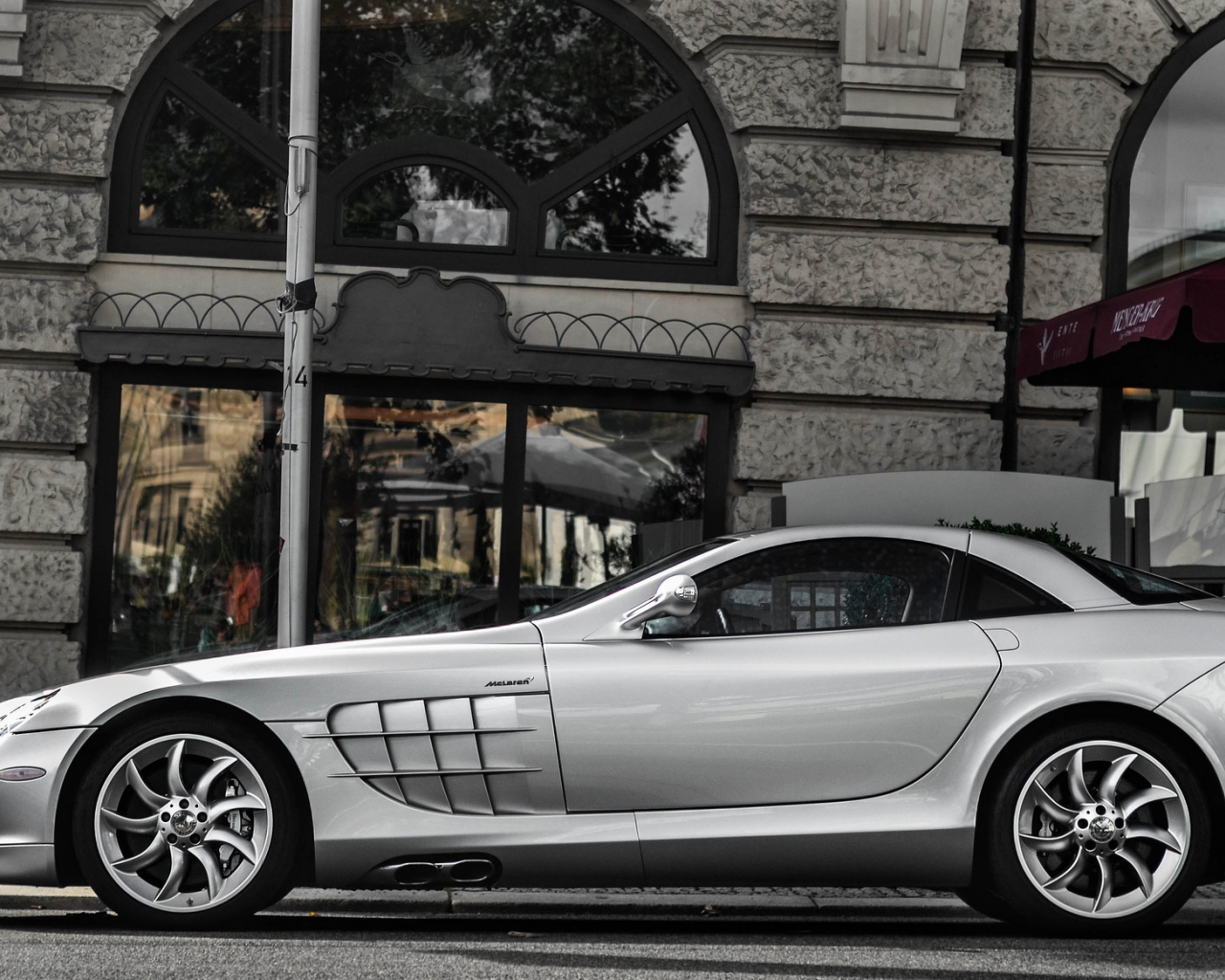 mclaren, mercedes, street, slr, silver, макларен, building, слр, мерседес