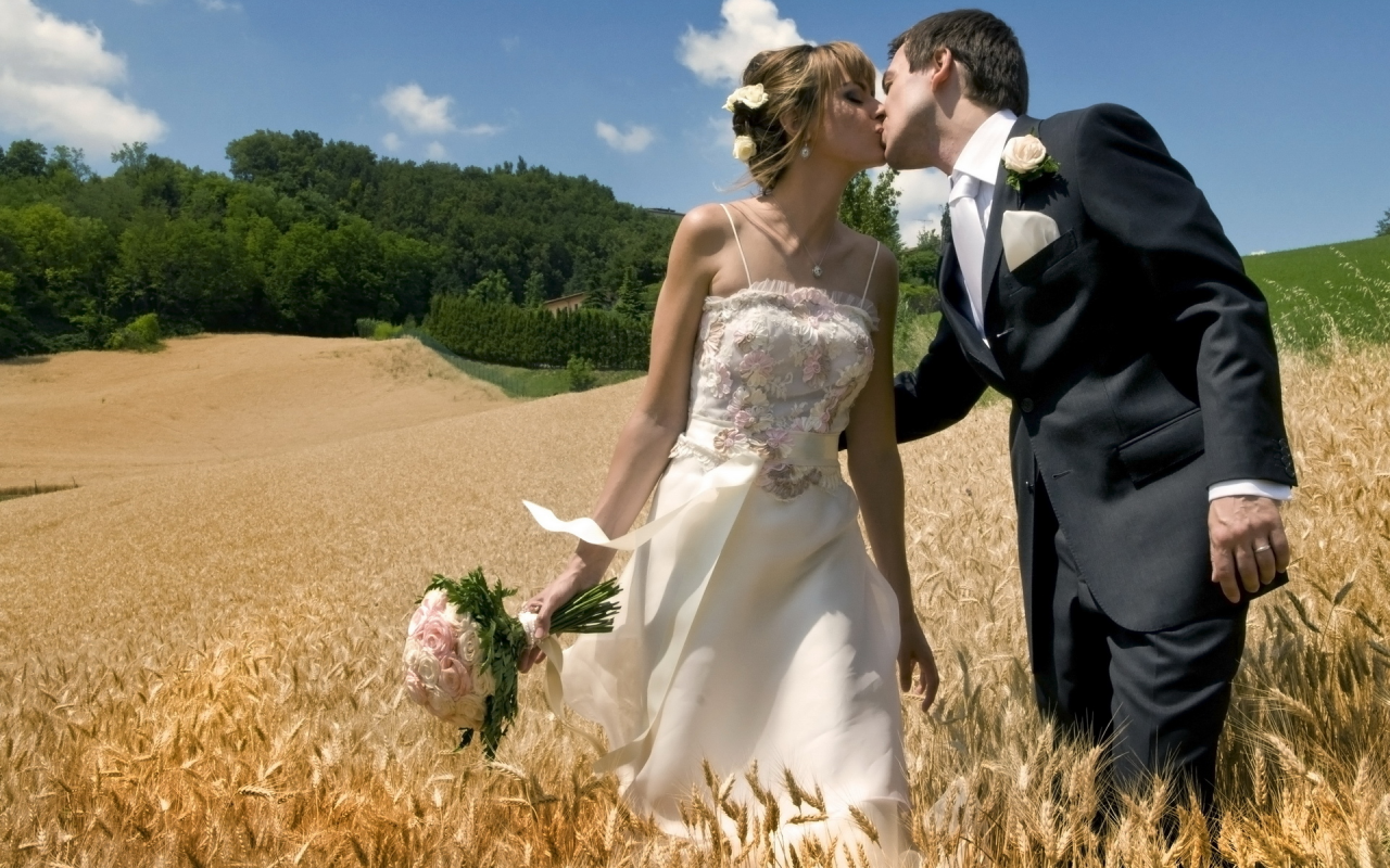 двое, пара, невеста, жених, влюбленные, поле, свадьба