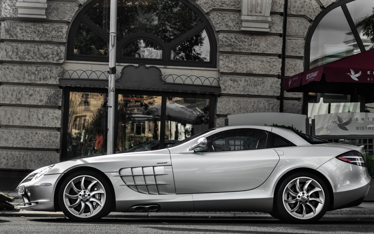 mclaren, mercedes, street, slr, silver, макларен, building, слр, мерседес