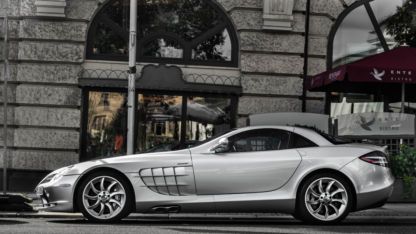 mclaren, mercedes, street, slr, silver, макларен, building, слр, мерседес