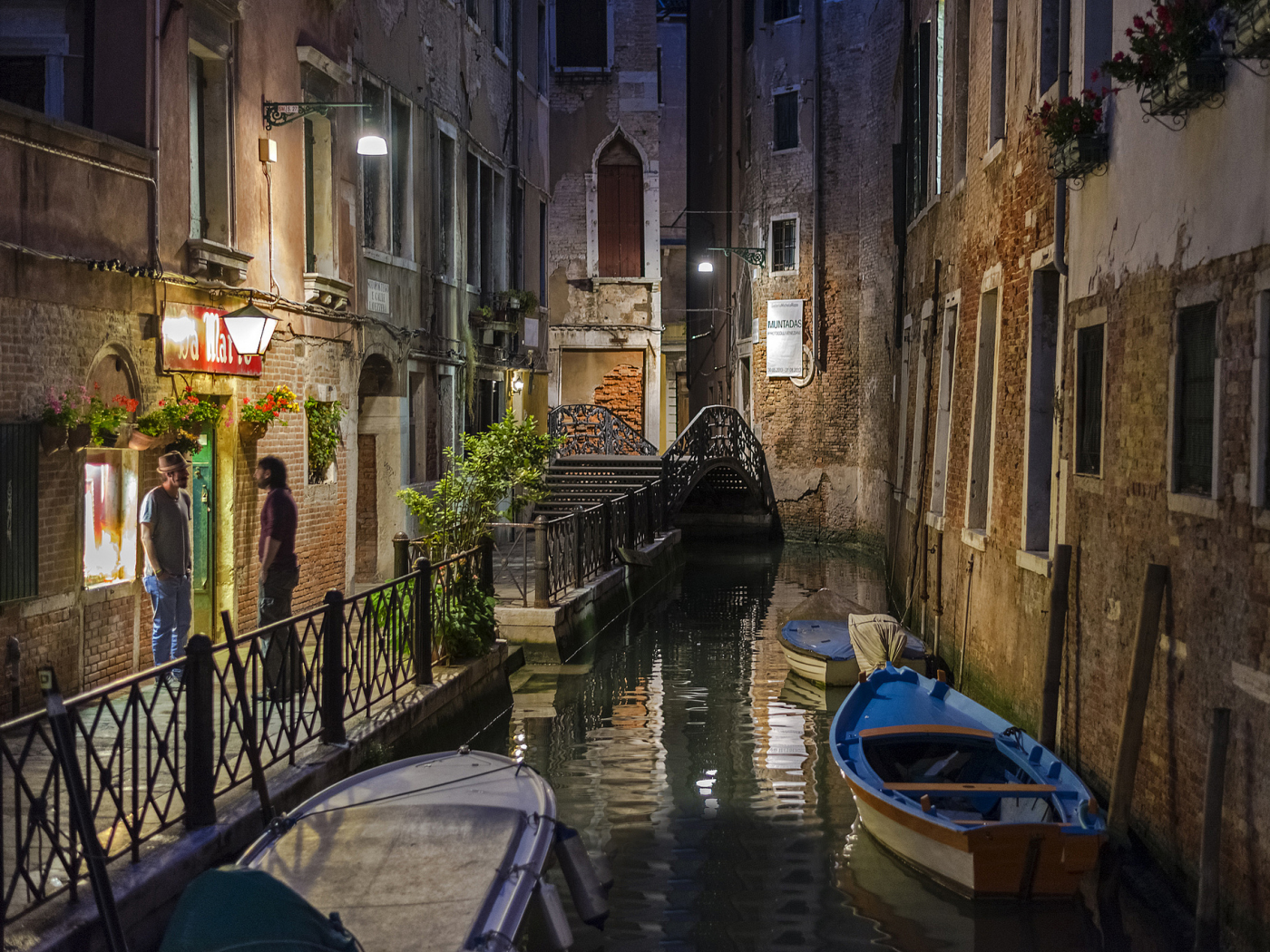 фонари, ночь, лодки, лето, канал, венеция