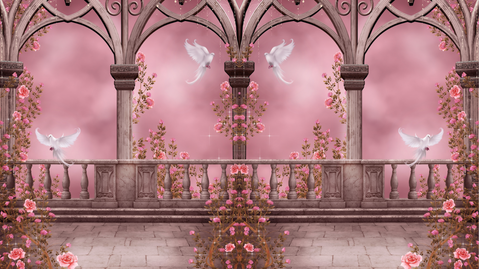 pigeons, rose garden, flowers, розовый сад, arches, garlands, columns, roses, doves
