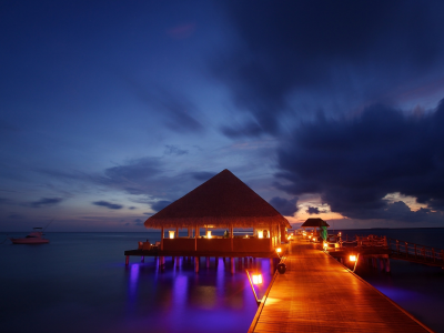 tropical, ocean, bungalow, бунгало, sunset, sea, beach, maldives, пирс, night lights