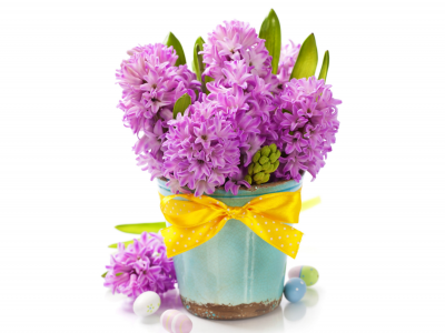 праздник пасха, цветы гиацинты, ваза, яйца, фон