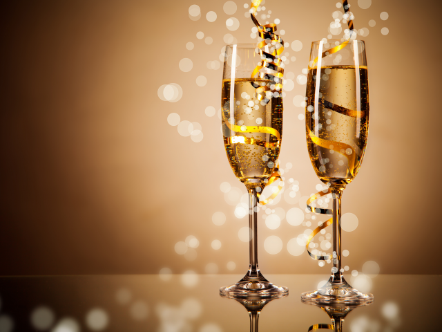 праздники, шампанское, боке, бокалы, золотые, ленточки