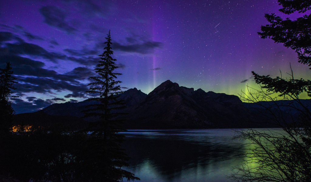 озеро, лес, beautiful, night, гора, ночь, banff national park, canada, alberta