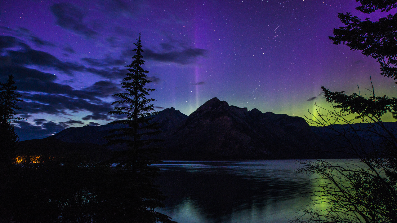 озеро, лес, beautiful, night, гора, ночь, banff national park, canada, alberta