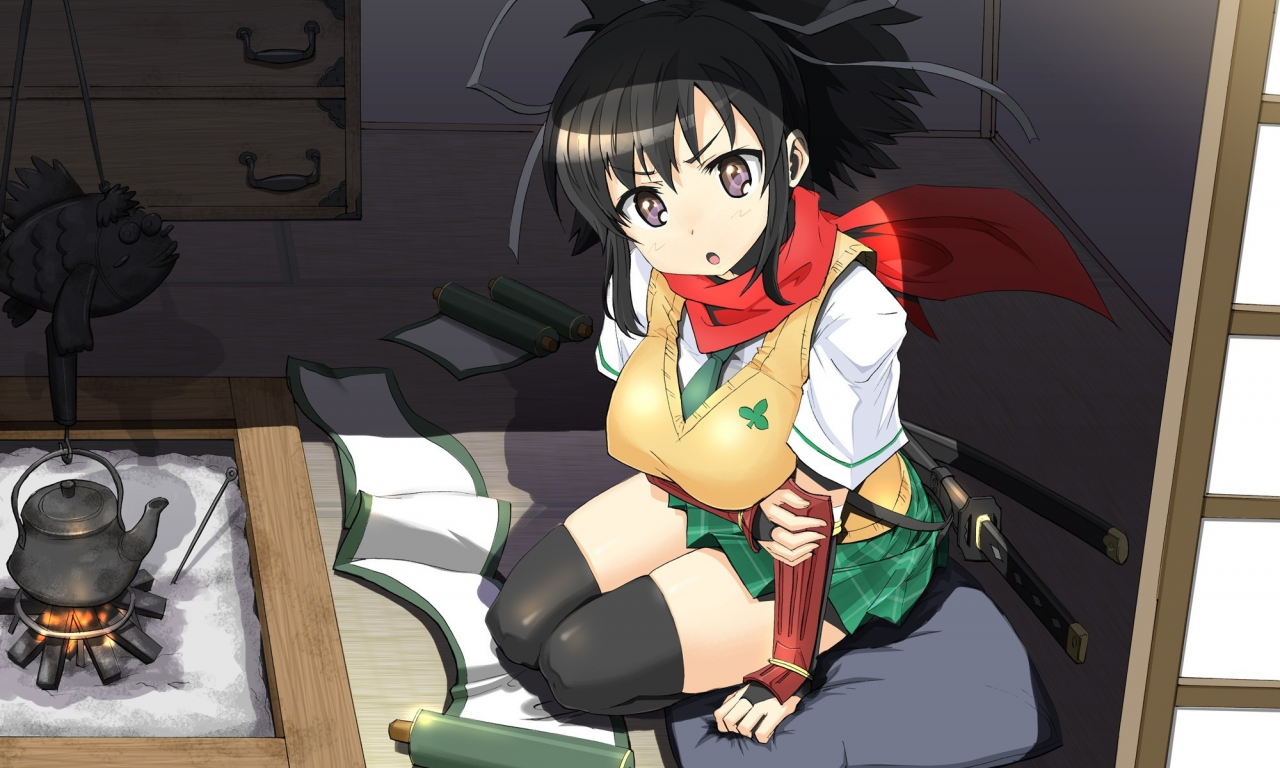 asuka, дом, kimura tatsuki , свиток, арт, senran kagura, меч, девушка