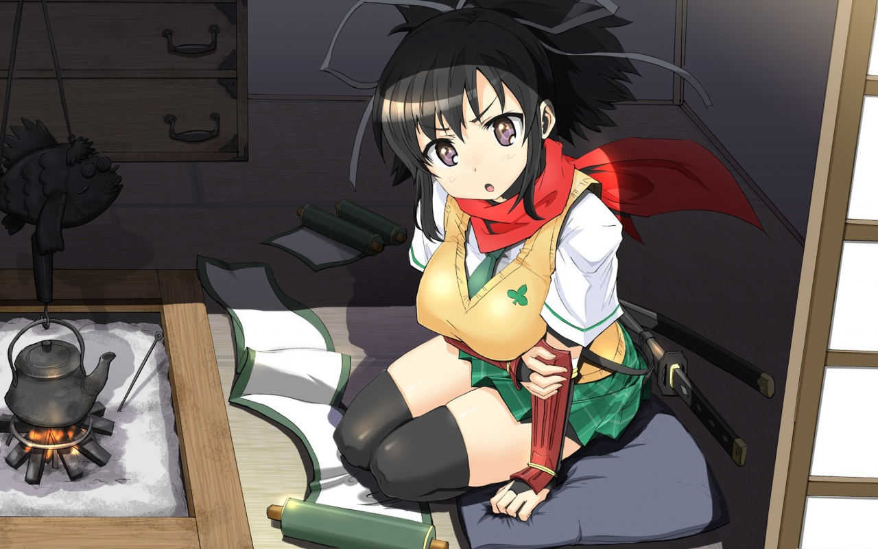 asuka, дом, kimura tatsuki , свиток, арт, senran kagura, меч, девушка